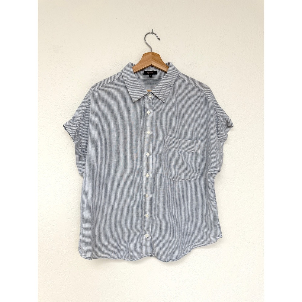 QUINCE Linen Short Sleeve Button Down Blue Striped Shirt Minimalist Size L